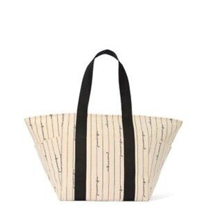 Victoria's Secret Script Logo Stripped Canvas Tote Bag Beige & Black New Sealed